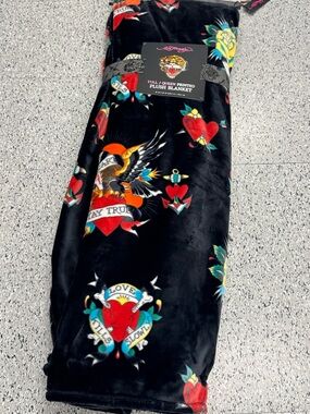 Ed Hardy Black Plush Blanket with Red, Yellow & Blue Tattoo Motifs